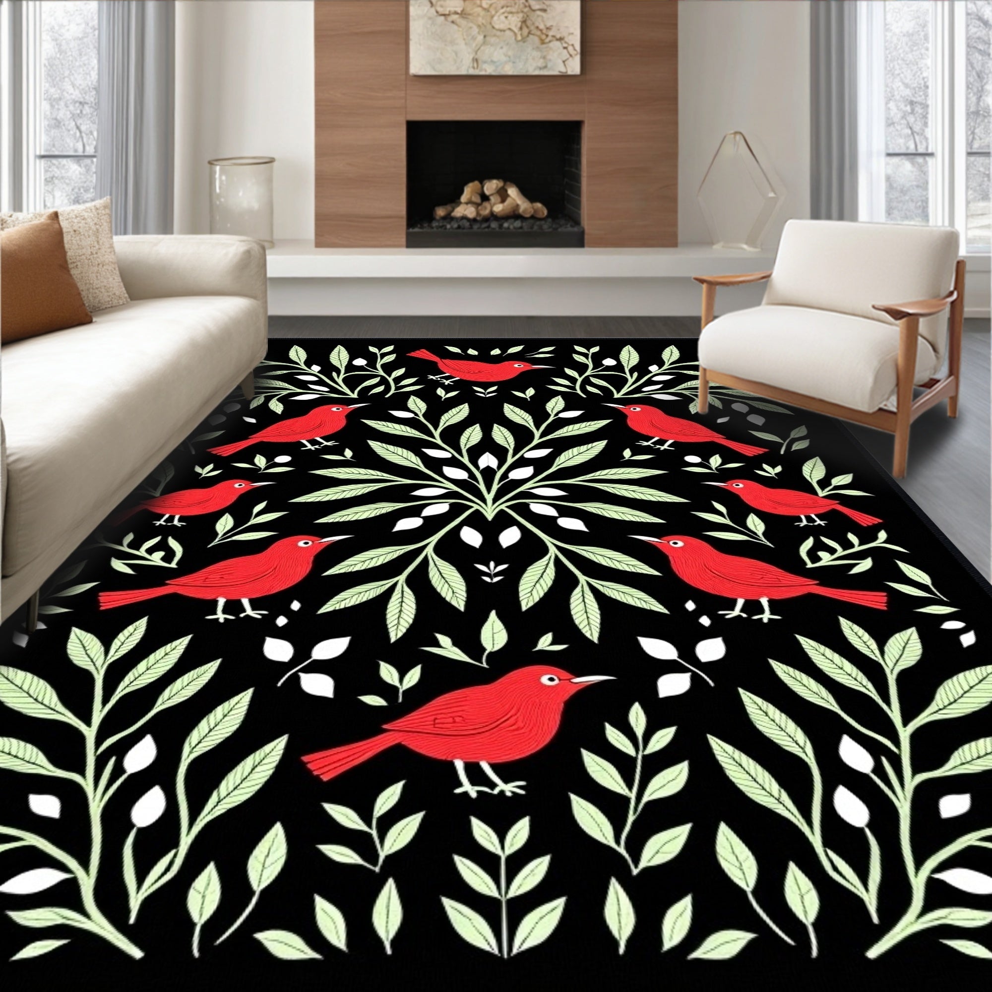 Crimson Birds Whimsical Black Foliage Rug
