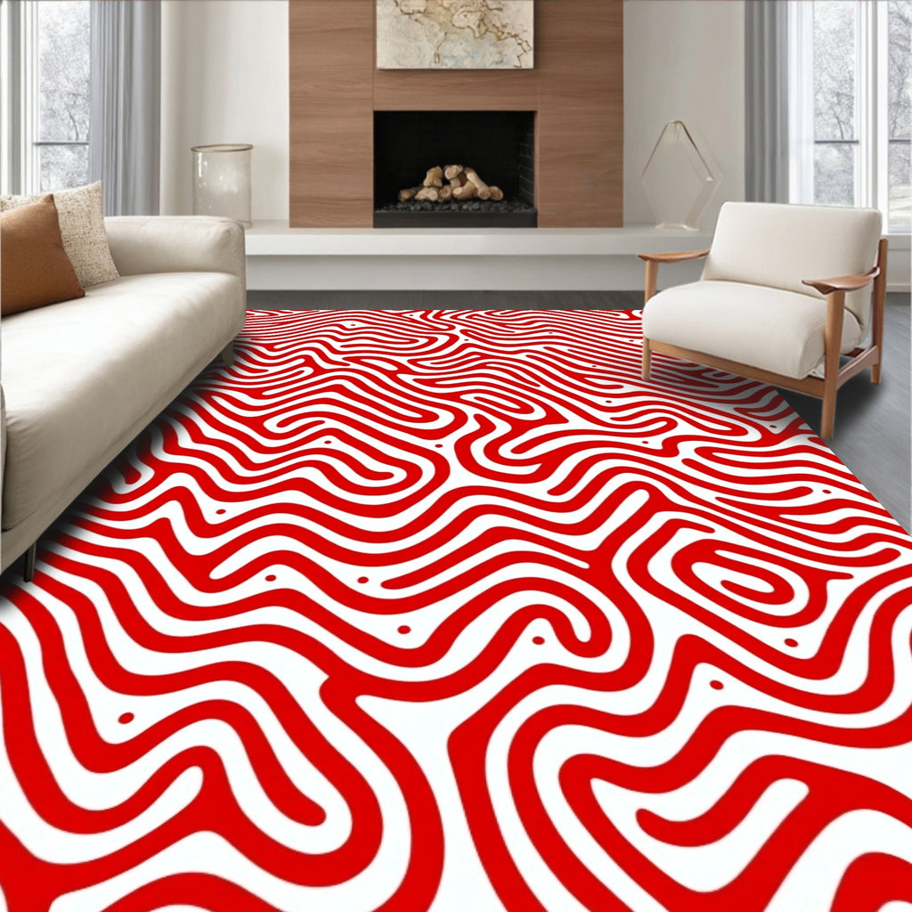 Bold Red Maze Curving Lines Rug