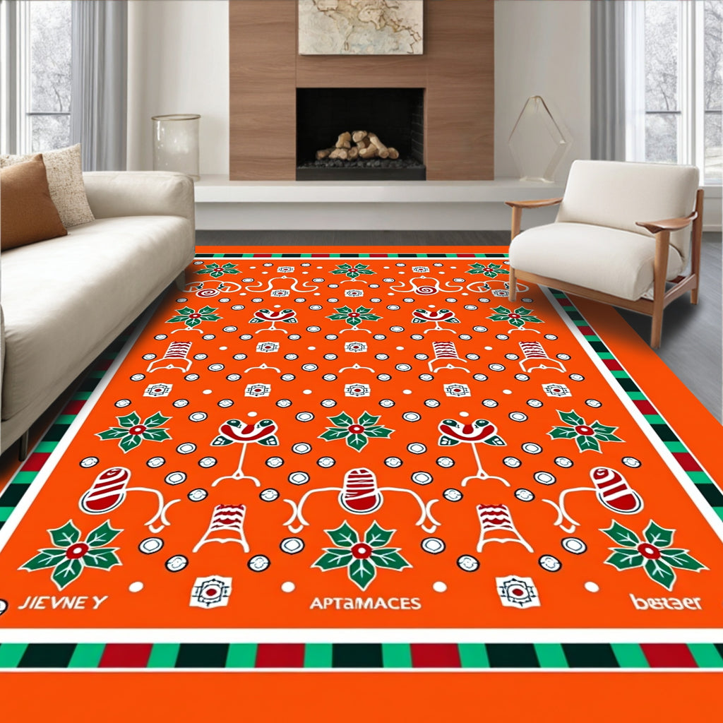 Vibrant Orange Folk Botanical Bird Rug