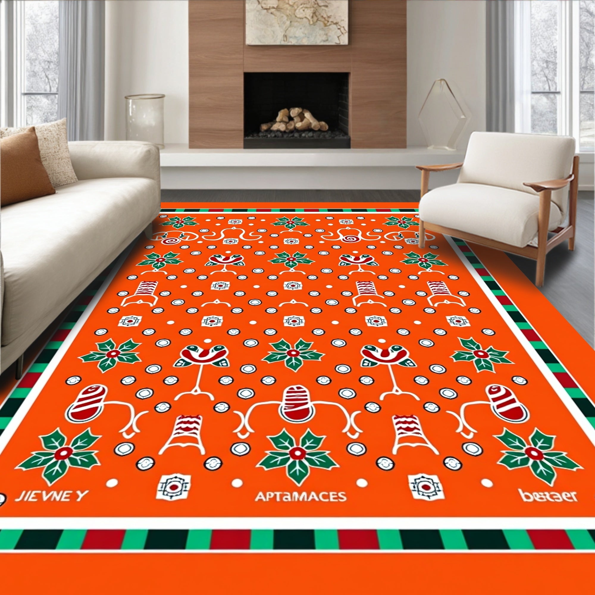 Vibrant Orange Folk Botanical Bird Rug