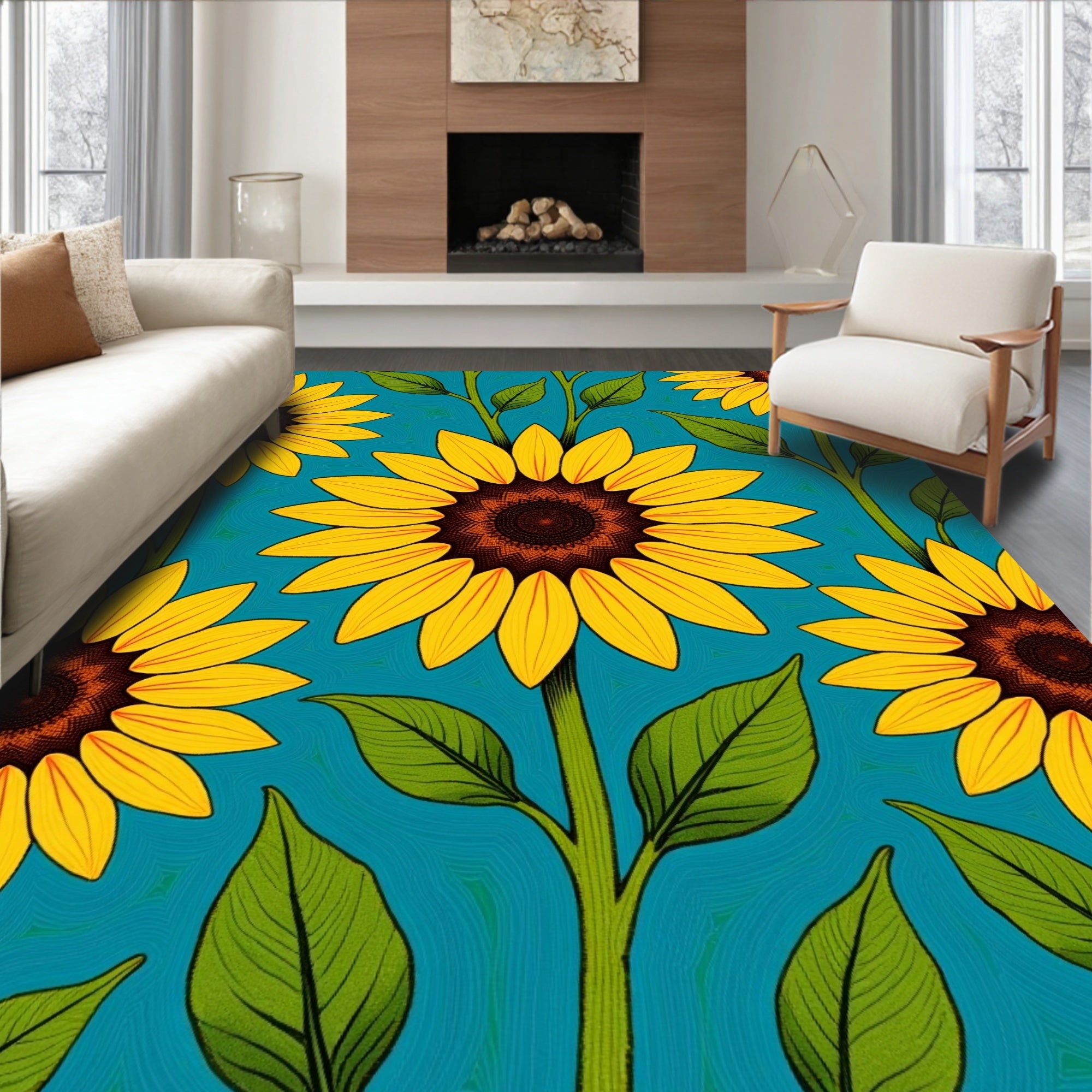 Golden Sunflower Bloom Teal Rug