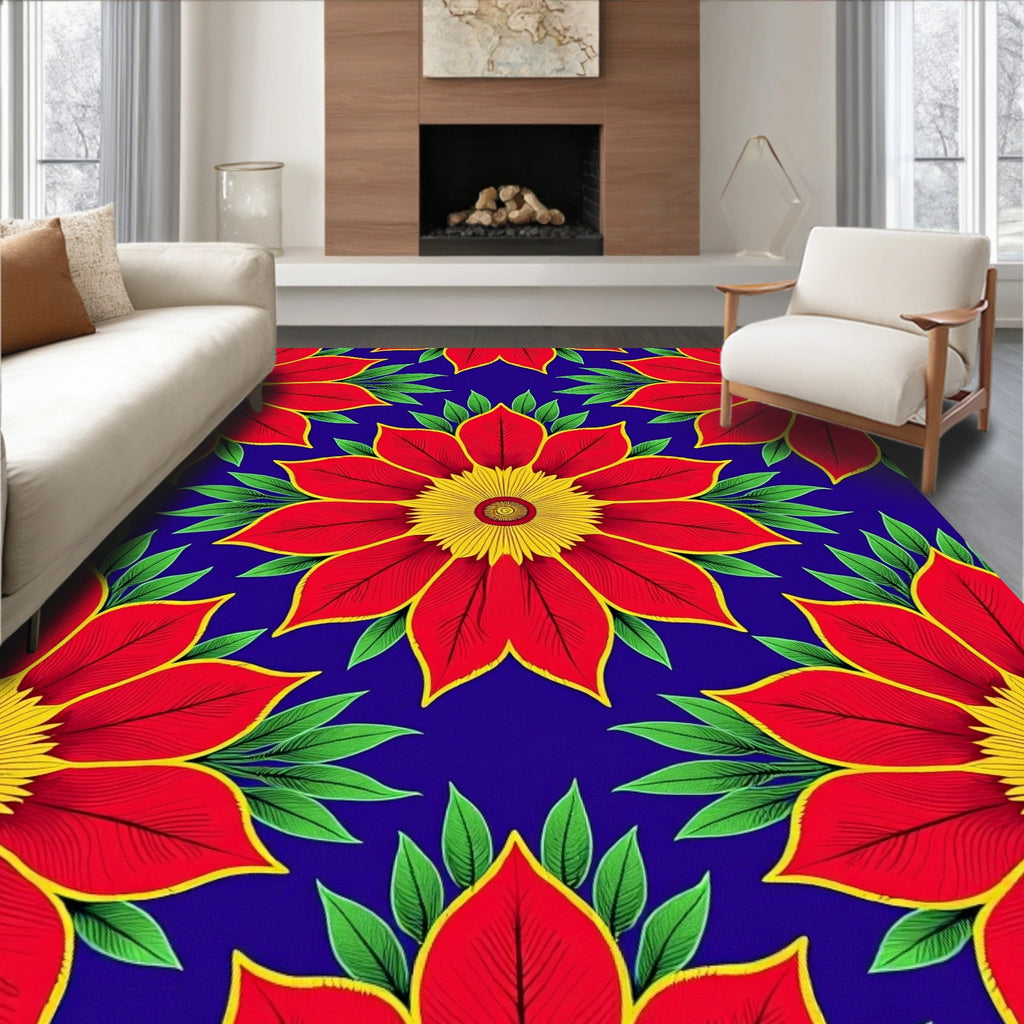 Vibrant Red Yellow Floral Medallion Rug