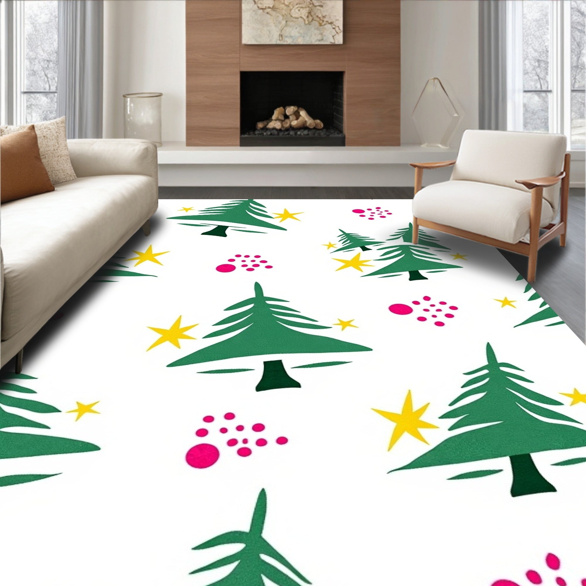 Green Christmas Tree Yellow Starburst Spots Rug