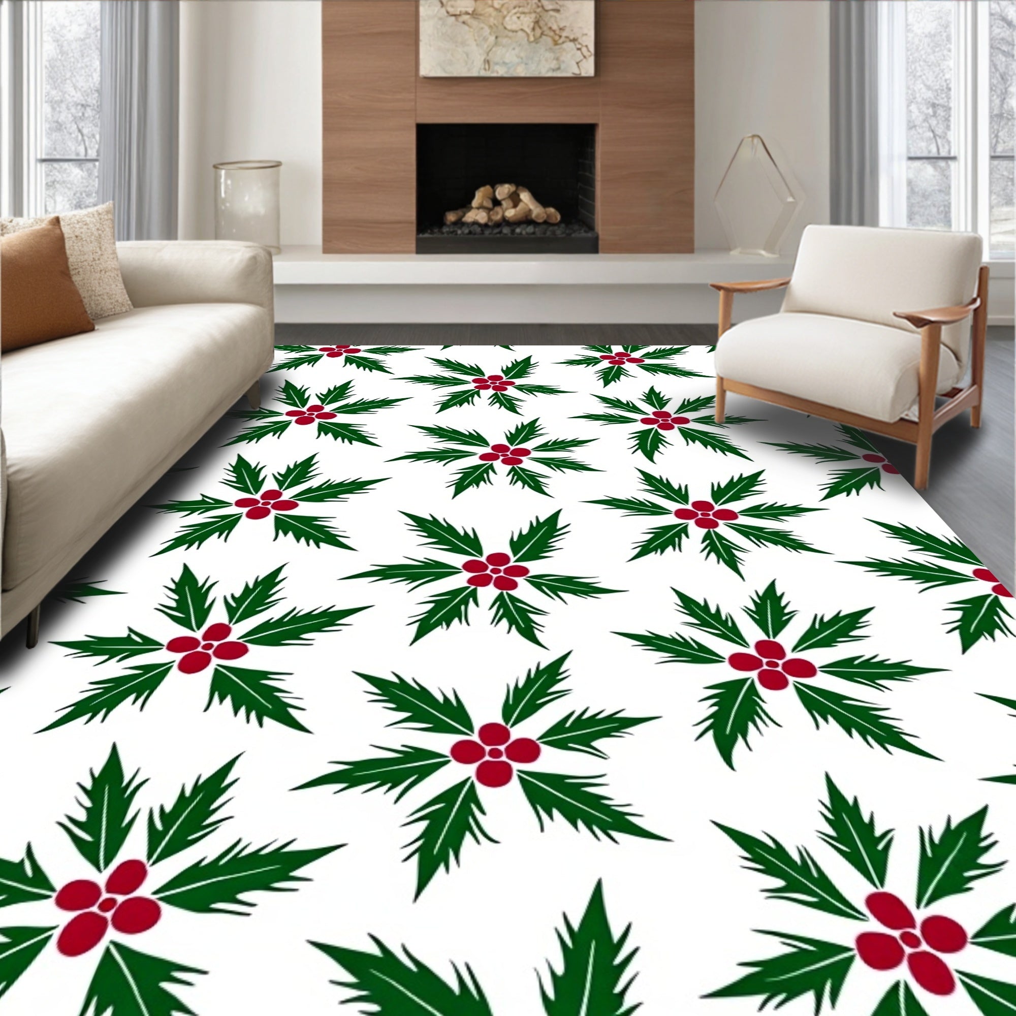 Winter Green Red Holly Clusters Rug