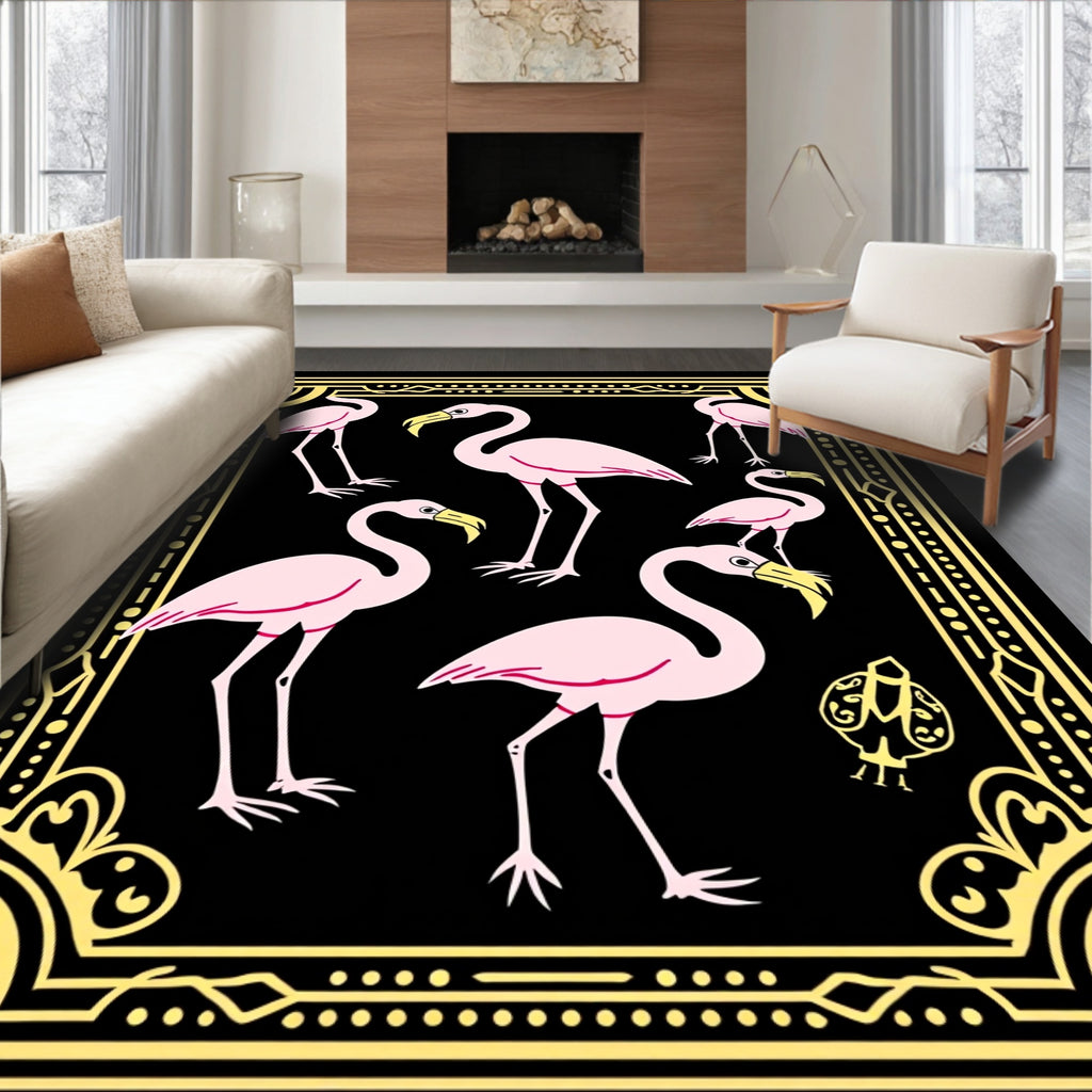 Pink Flamingos Golden Art Deco Frame Rug