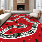 Christmas Train Snowflake Evergreen Trees Rug