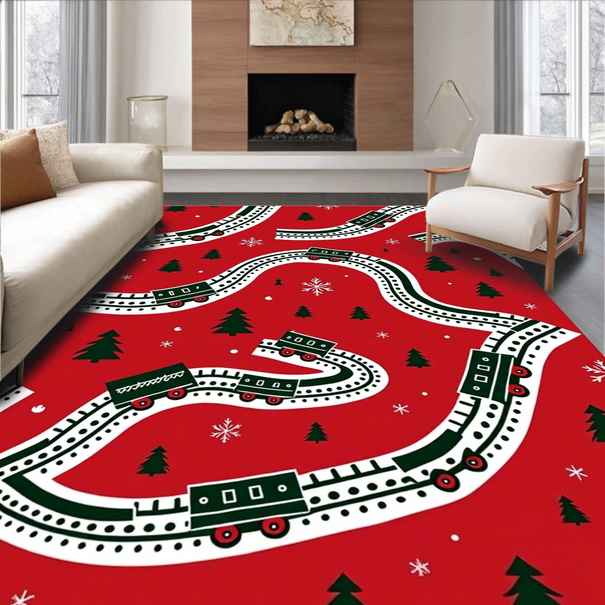 Christmas Train Snowflake Evergreen Trees Rug