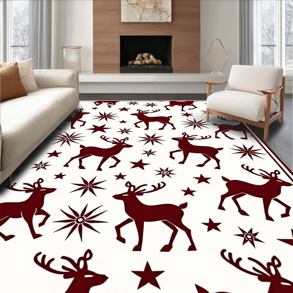 Burgundy Reindeer And Star Motif Rug