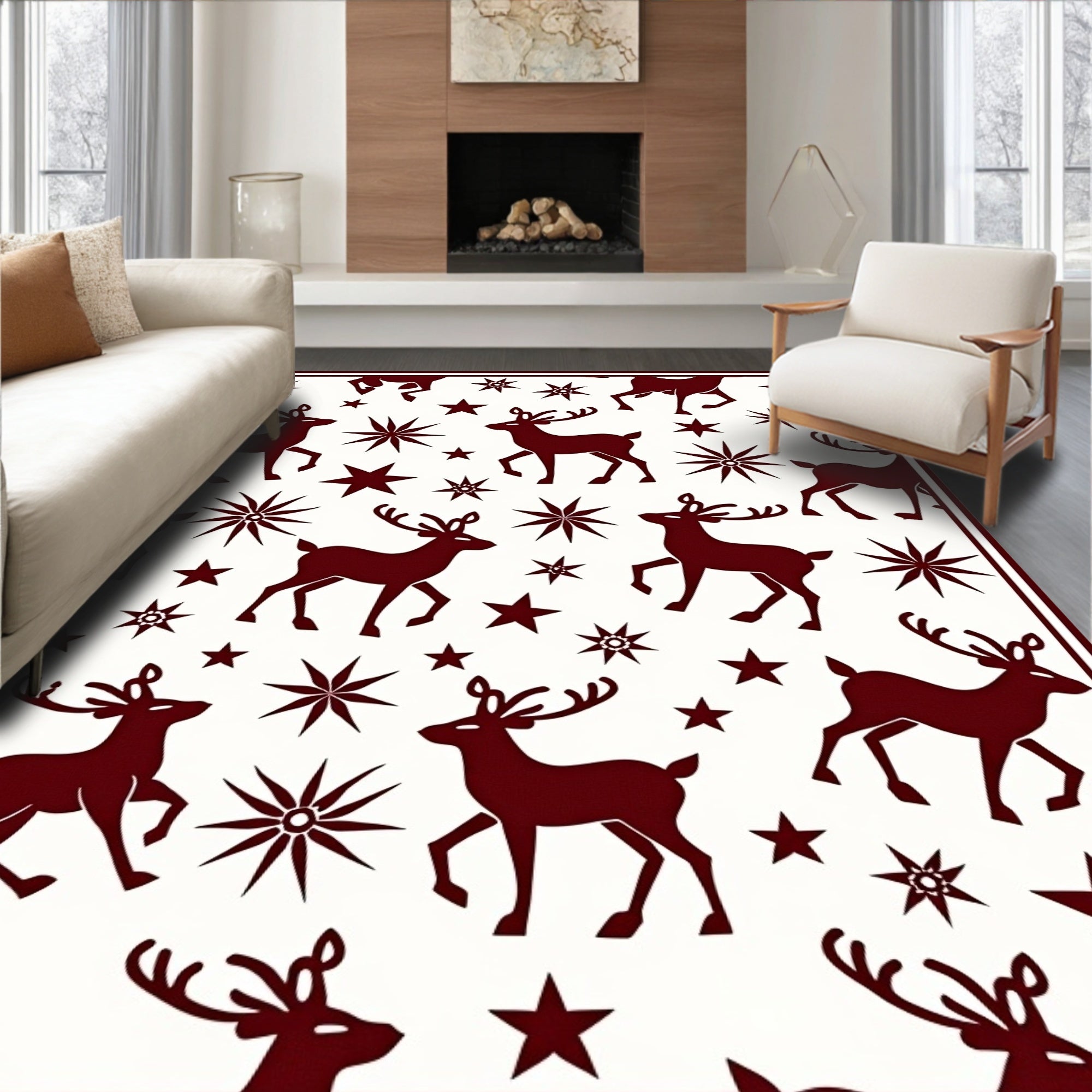Burgundy Reindeer And Star Motif Rug