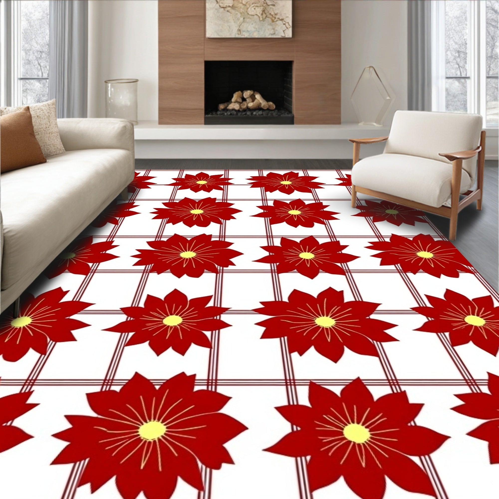 Red Yellow Floral Grid Rug