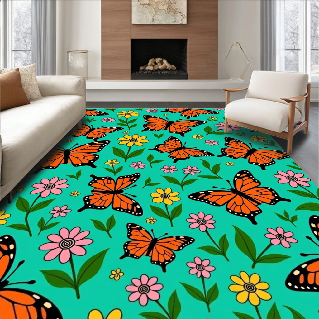 Orange Butterflies With Pink Yellow Flowers Rug