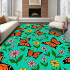 Orange Butterflies With Pink Yellow Flowers Rug