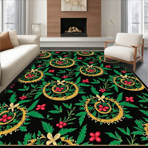 Black Gold Floral Swirl Red Berry Rug