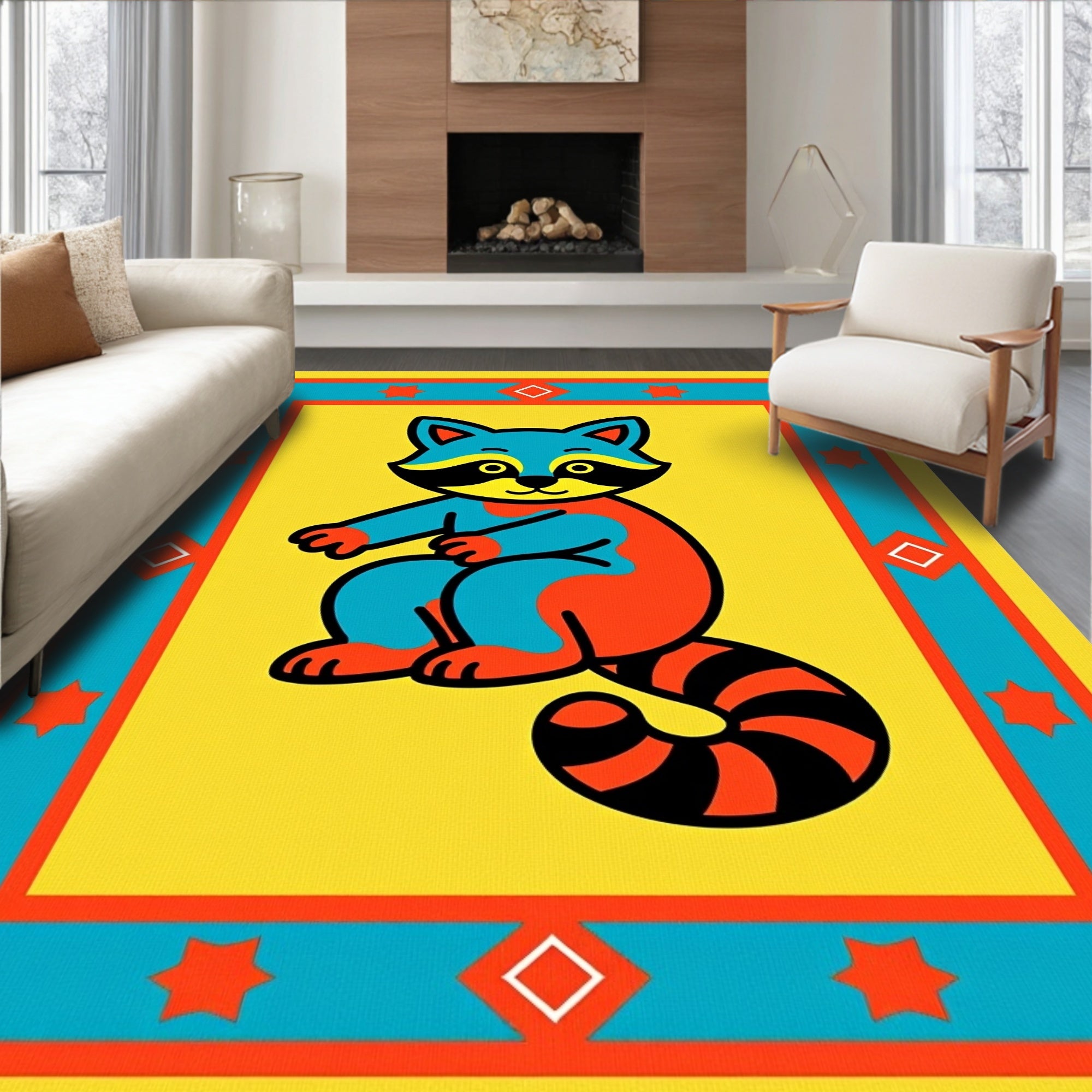 Bright Raccoon Geometric Border Rug