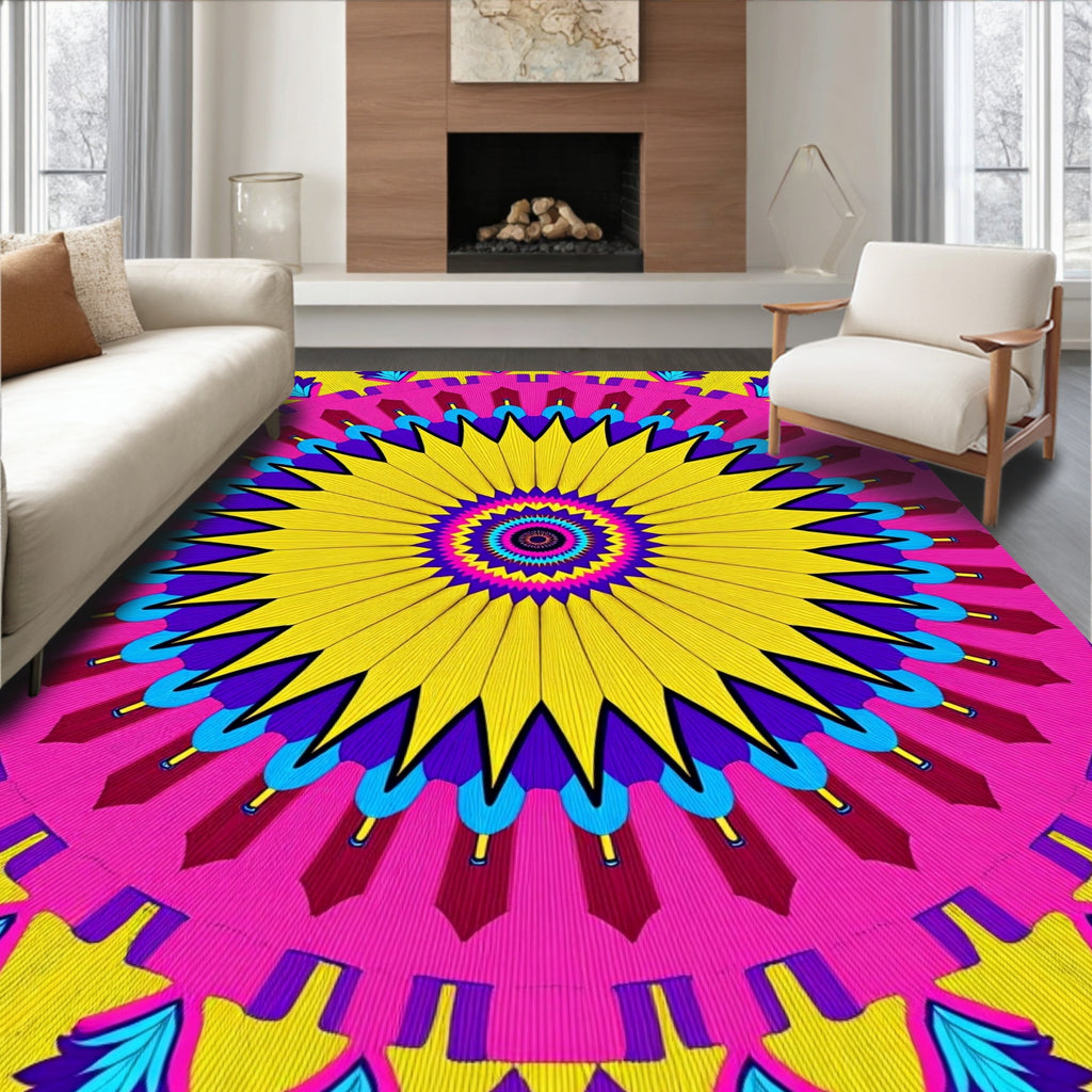Vibrant Yellow Pink Geometric Sunburst Rug