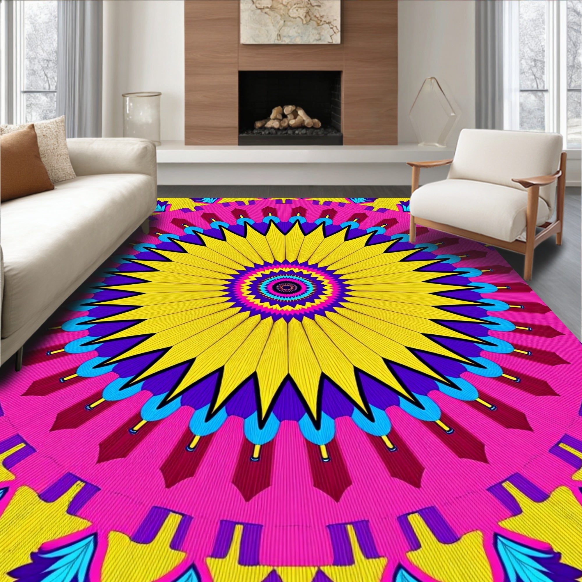 Vibrant Yellow Pink Geometric Sunburst Rug