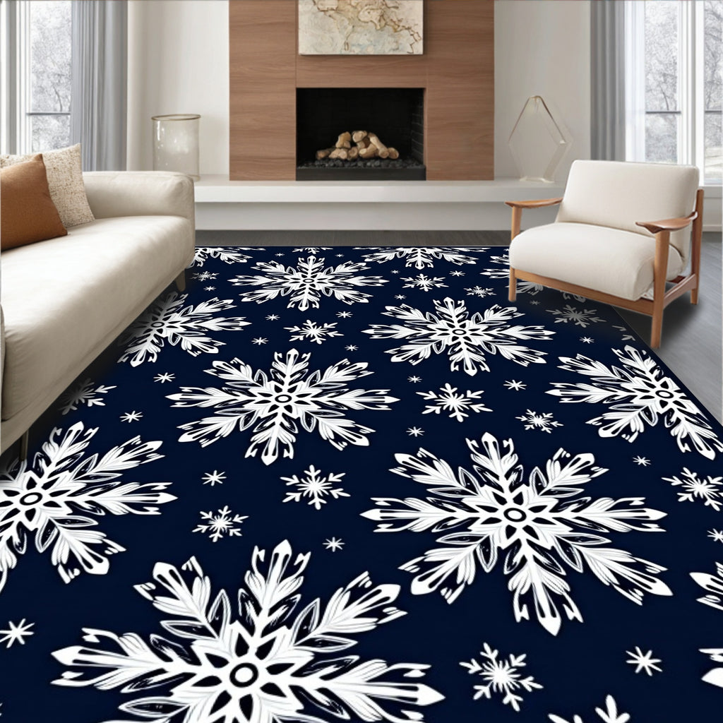 White Snowflake Navy Background Art Rug