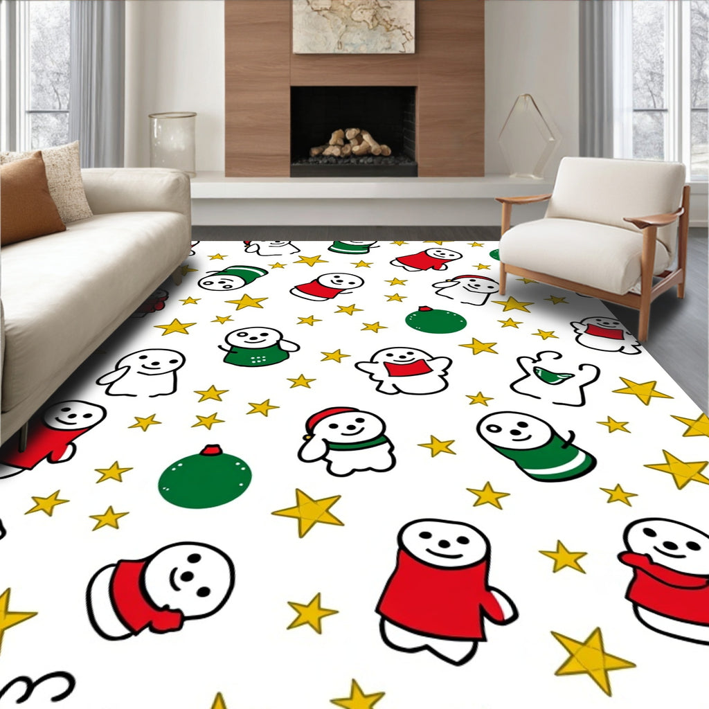 Whimsical Christmas Figures Golden Stars Rug