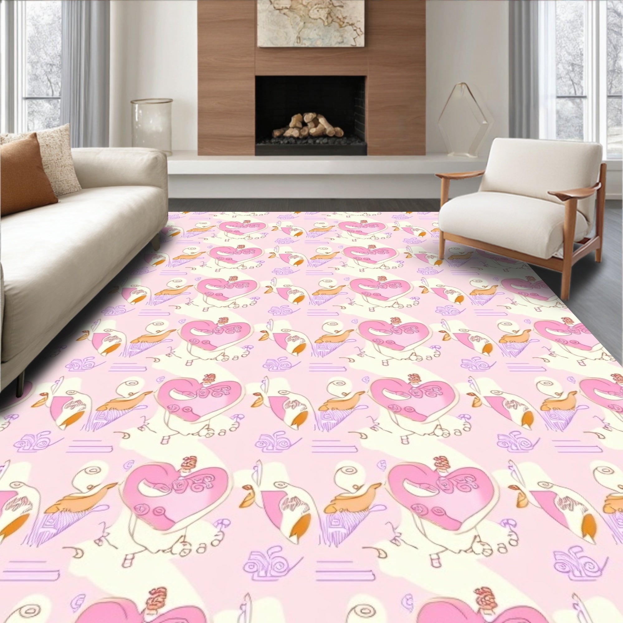 Pink Heart Bird Swirls Pastel Rug