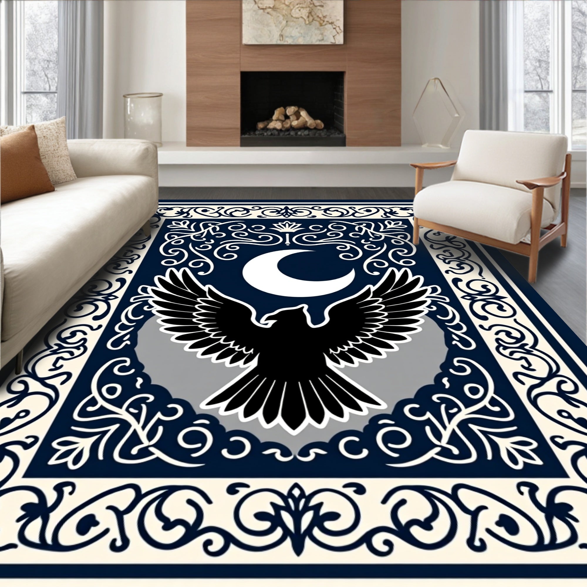 Mystic Black Eagle Crescent Moon Border Rug