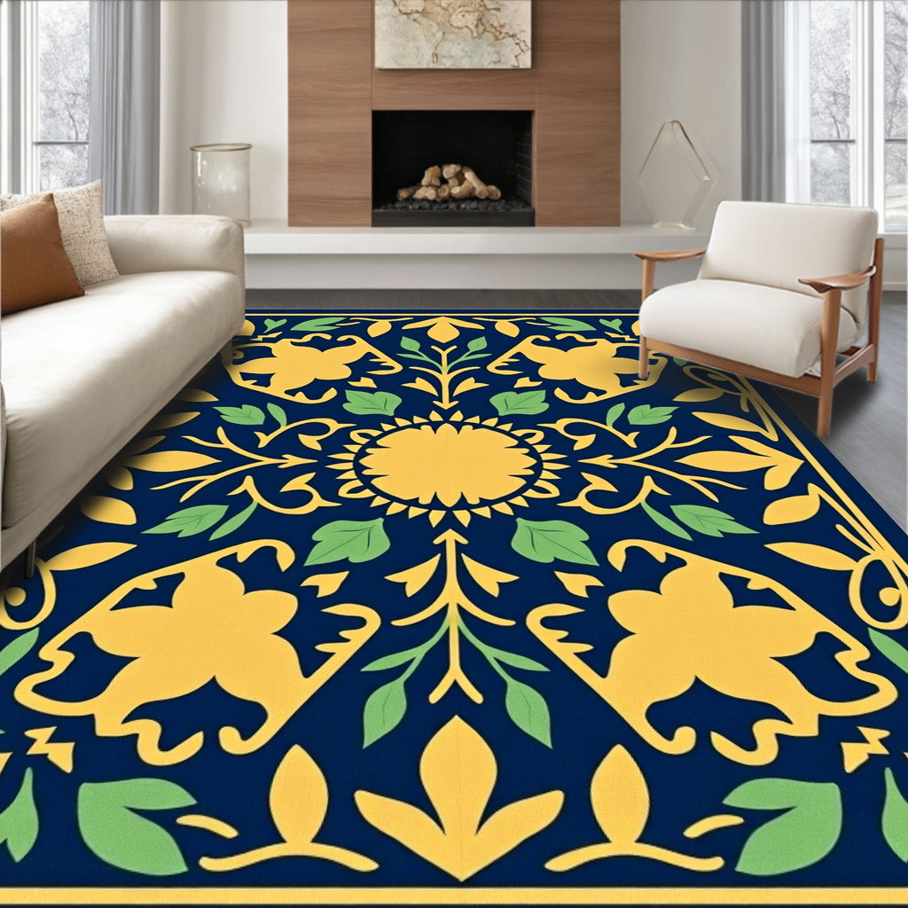 Navy Yellow Floral Medallion Garden Rug