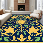 Navy Yellow Floral Medallion Garden Rug