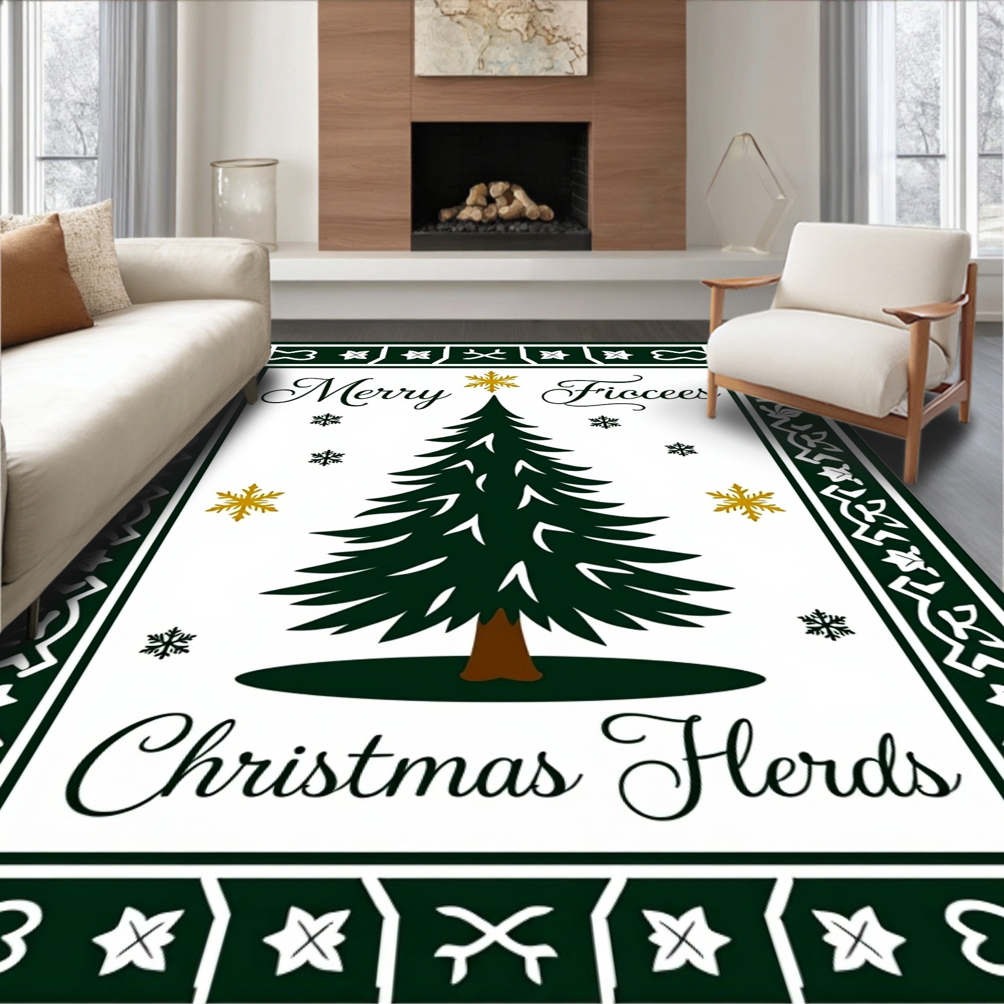 Merry Christmas Tree Snowflake Border Rug
