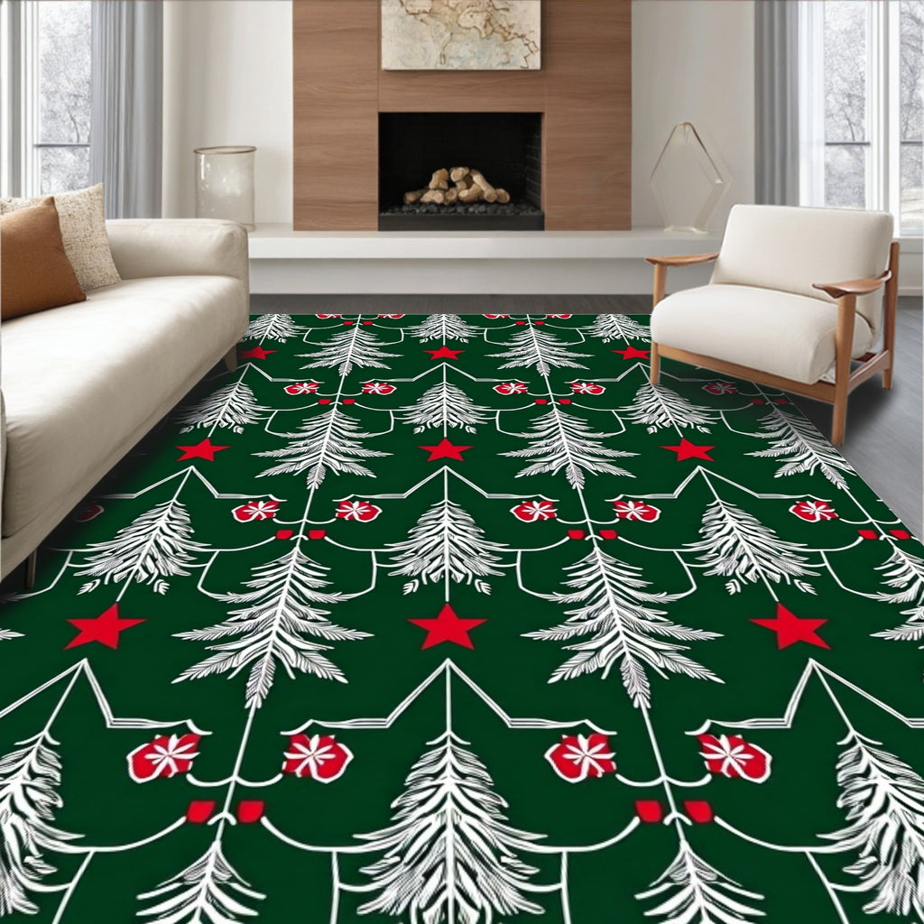 Festive White Pine Trees Red Star Accents Rug