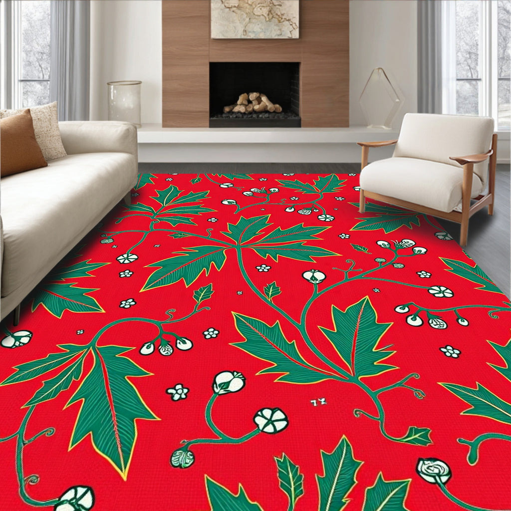 Crimson Green Leaf Vine Flourish Rug