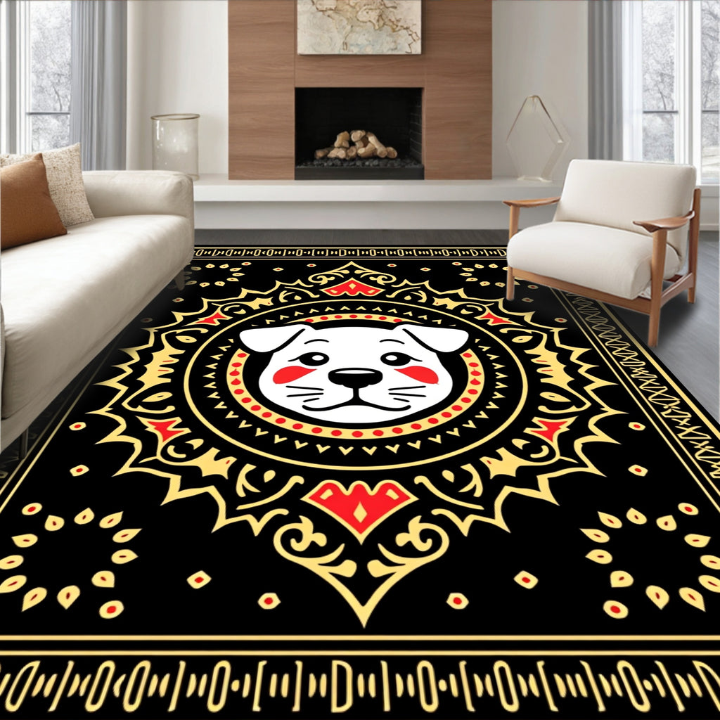 Playful pup black golden red mandala Rug