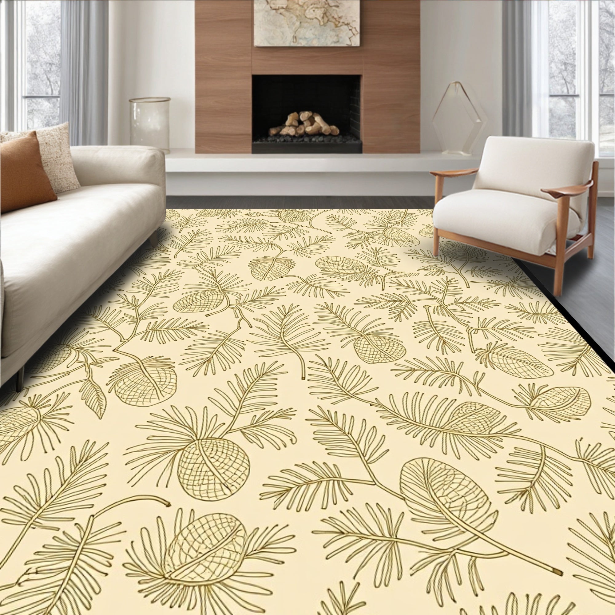 Golden Pine Needle And Cone Illustration Rug
