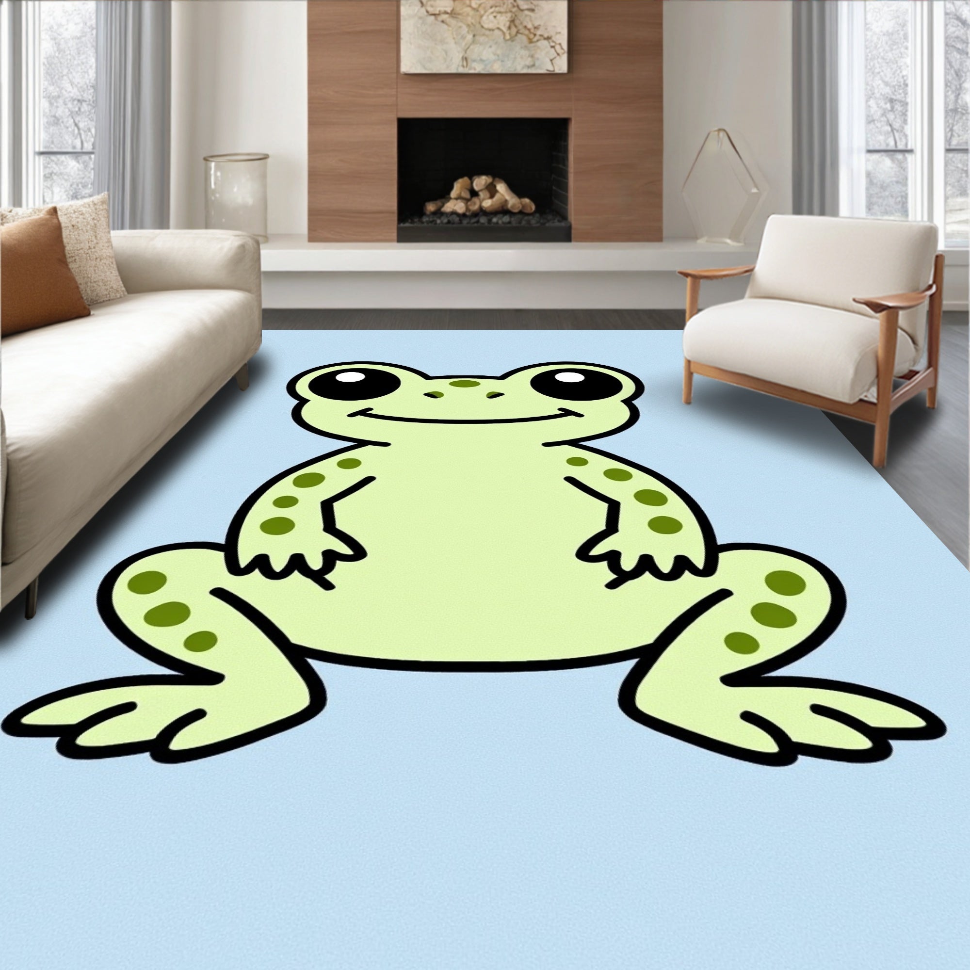 Whimsical Light Green Frog Illustration Rug