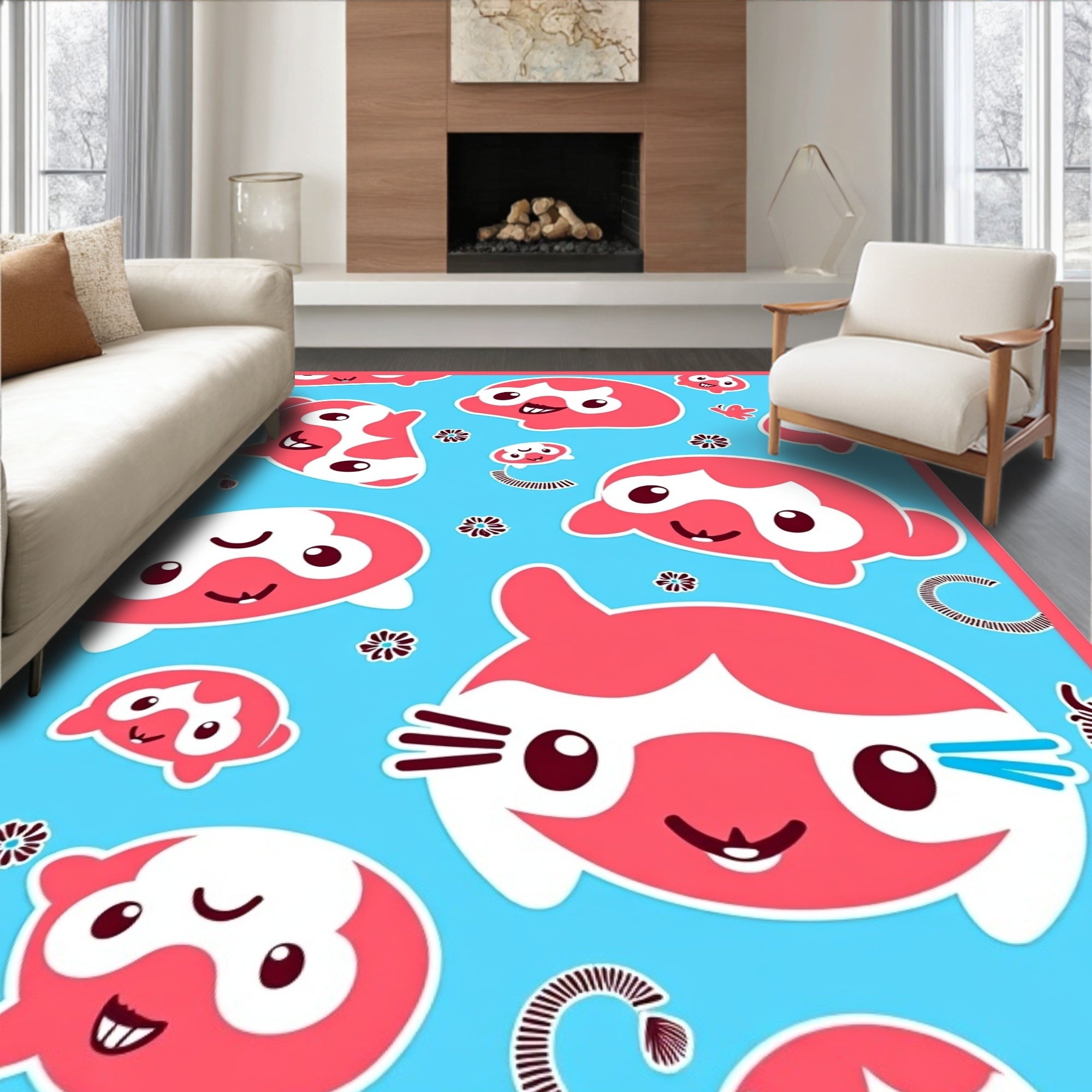 Coral Cartoon Characters Blue Background Rug
