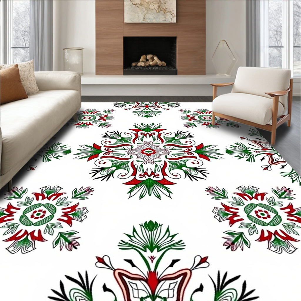 Crimson Green Floral Symmetry Rug