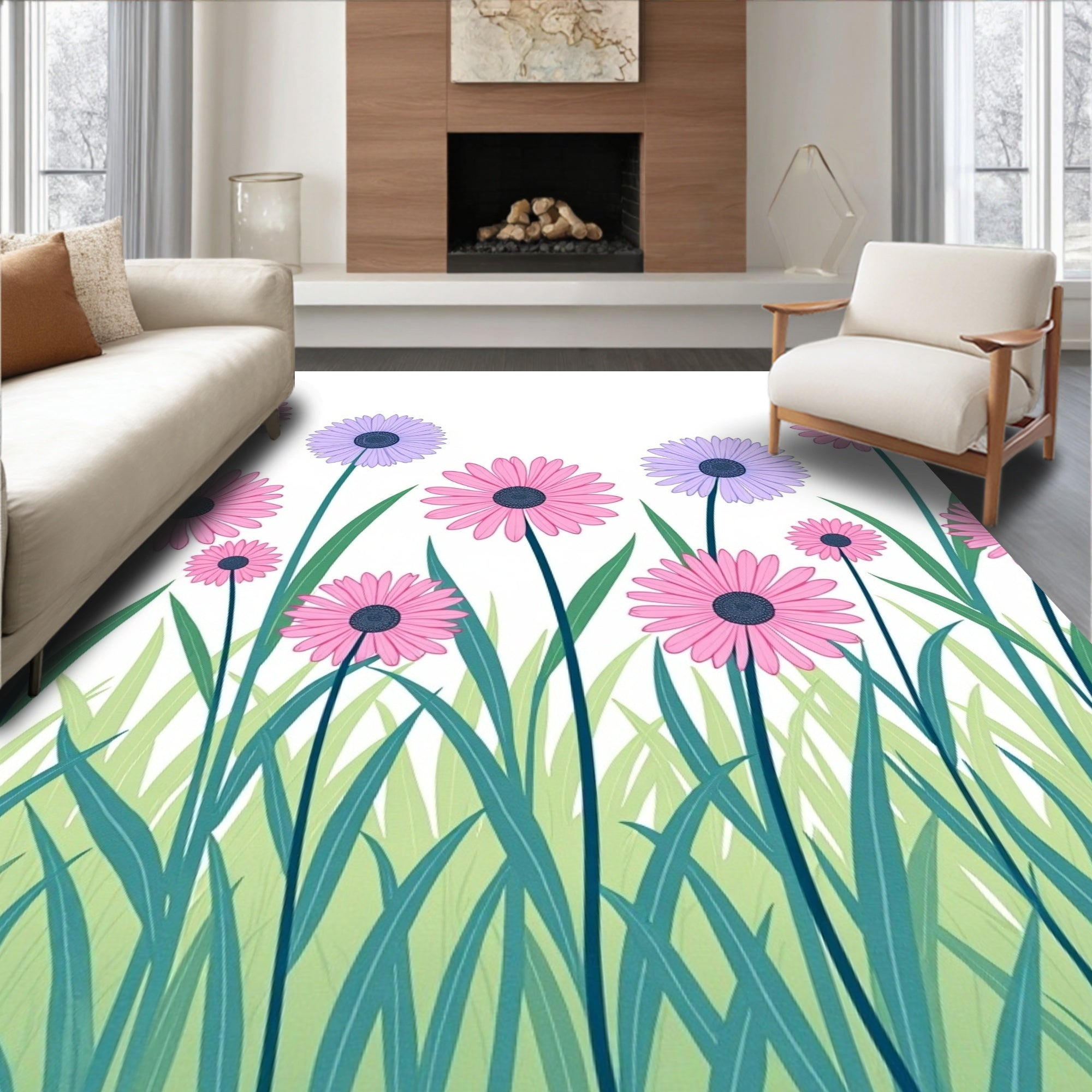 Pink Lavender Daisy Garden Border Rug