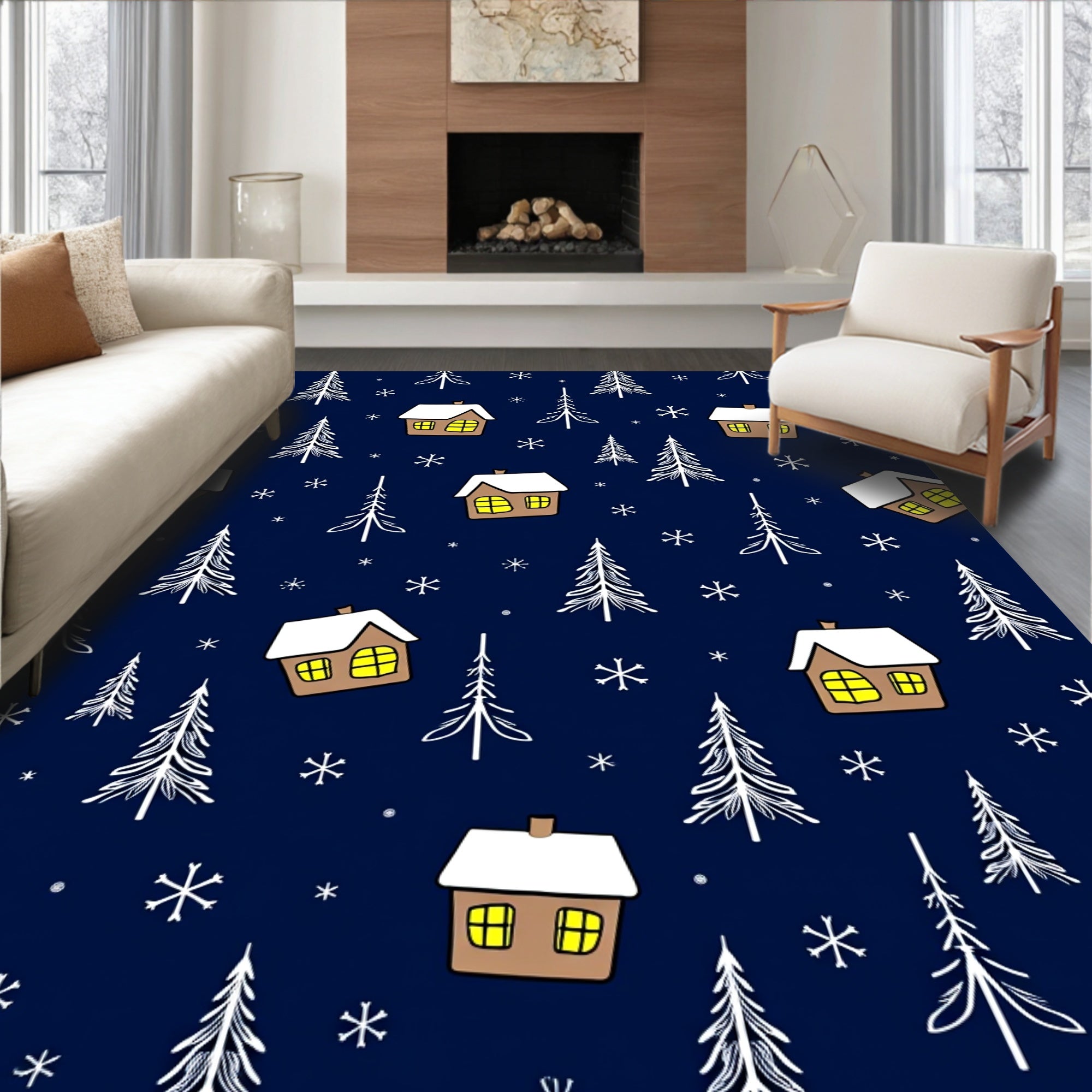 Cozy Snow Village Christmas Trees Rug