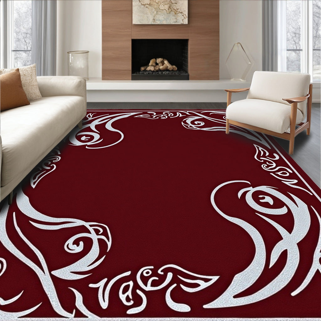 Crimson Silver Swirl Floral Border Rug