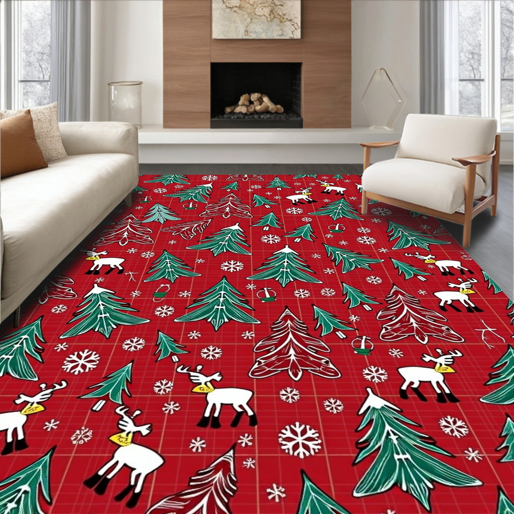 Christmas Red Snowflakes Reindeer Trees Rug