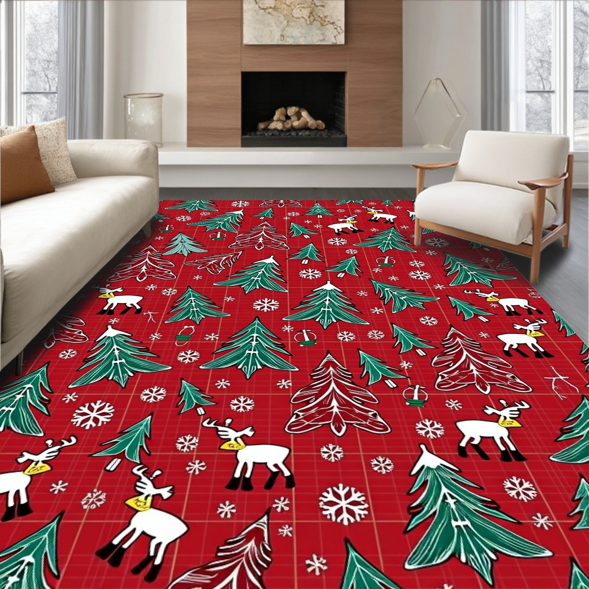Christmas Red Snowflakes Reindeer Trees Rug