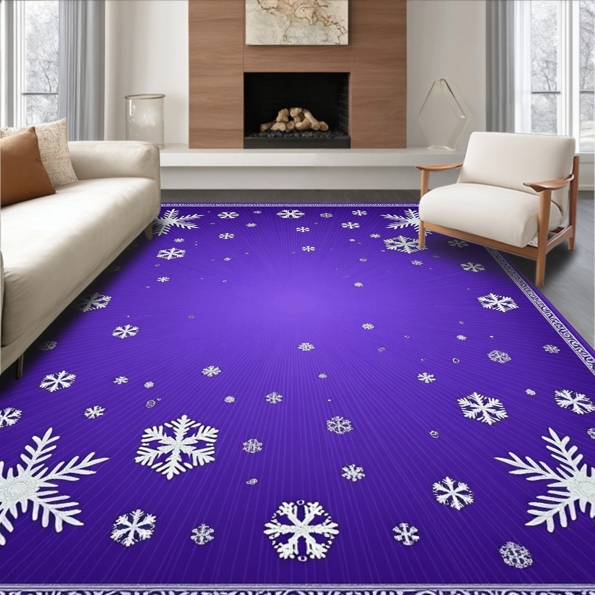 Sparkling White Snowflake Violet Burst Rug