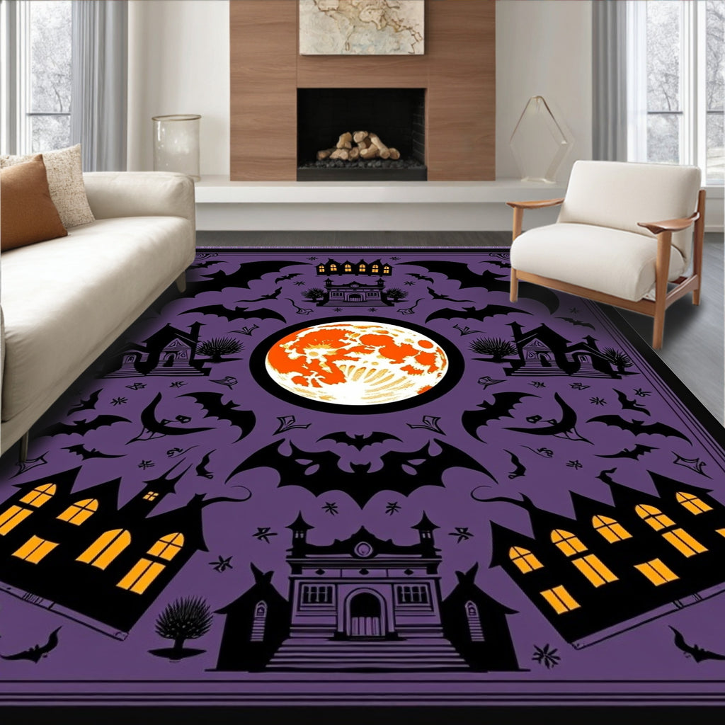 Halloween Purple Bat Moon Houses Rug