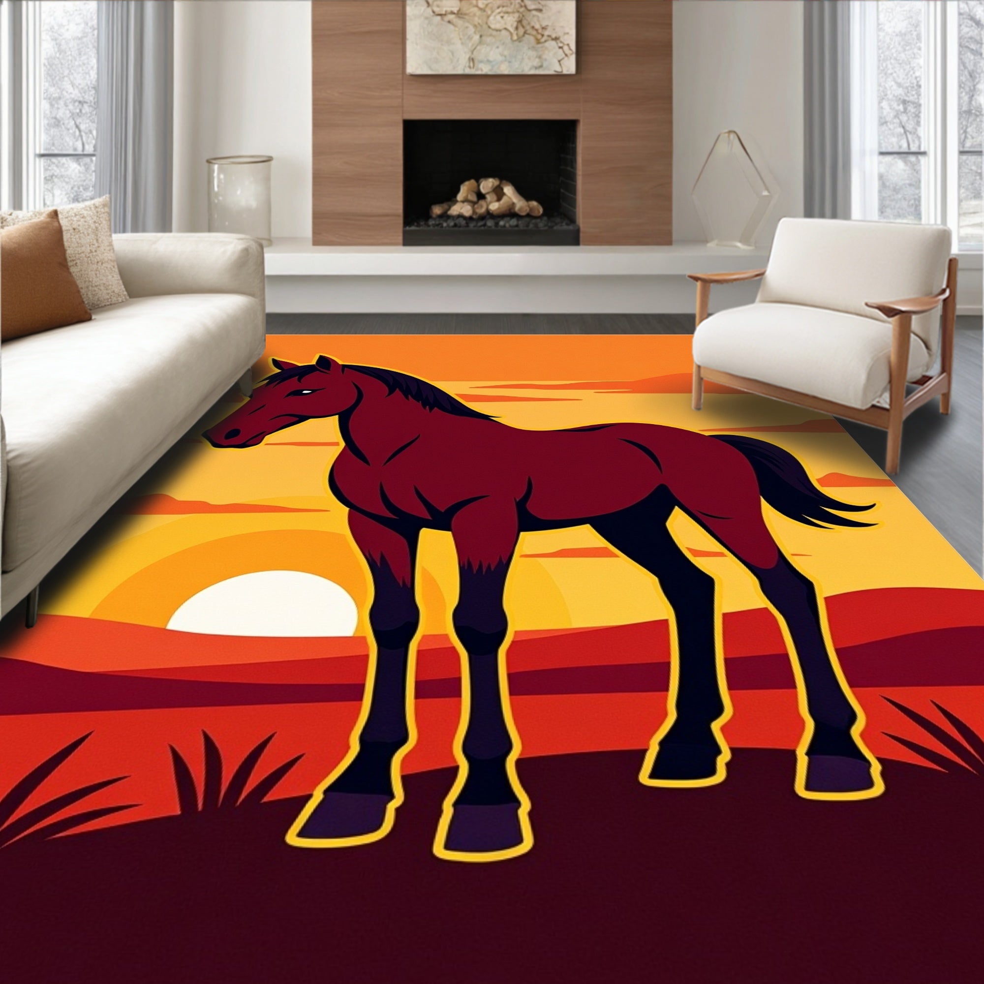 Crimson Horse Sunset Landscape Vivid Rug