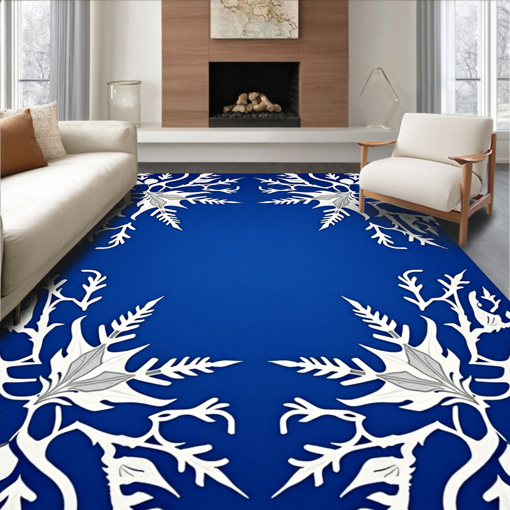 Deep Blue White Foliage Corner Rug