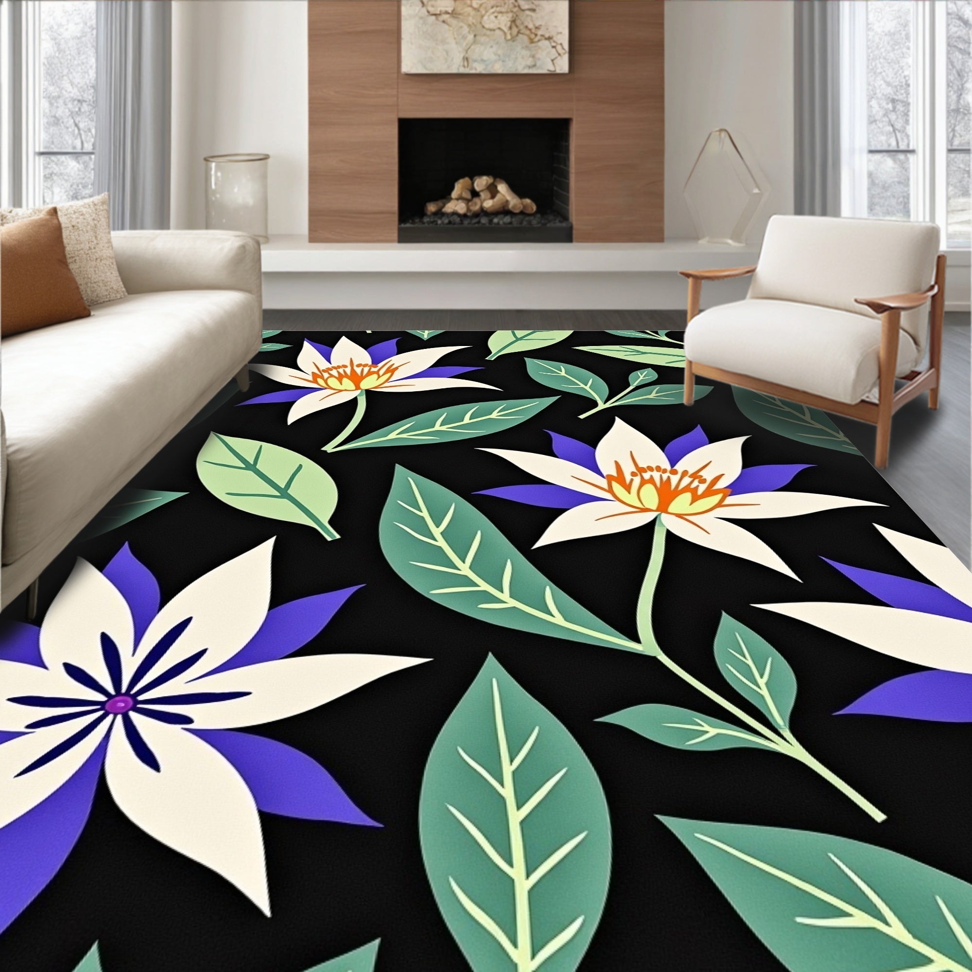 Bold Exotic Flower Green Leaf Arrangement Rug