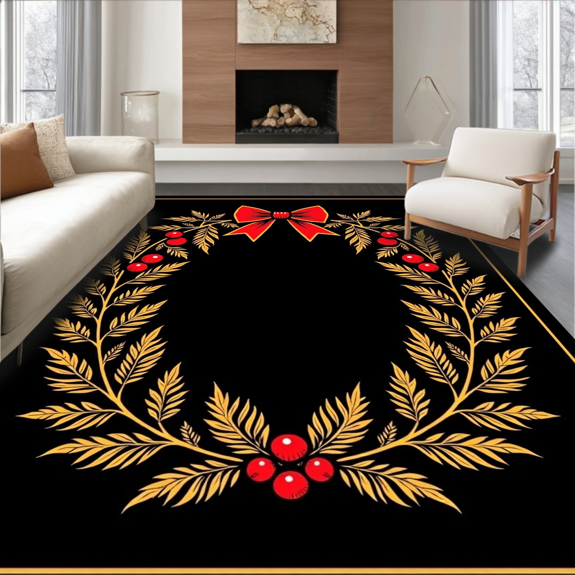 Golden Wreath Red Bow Oval Rug