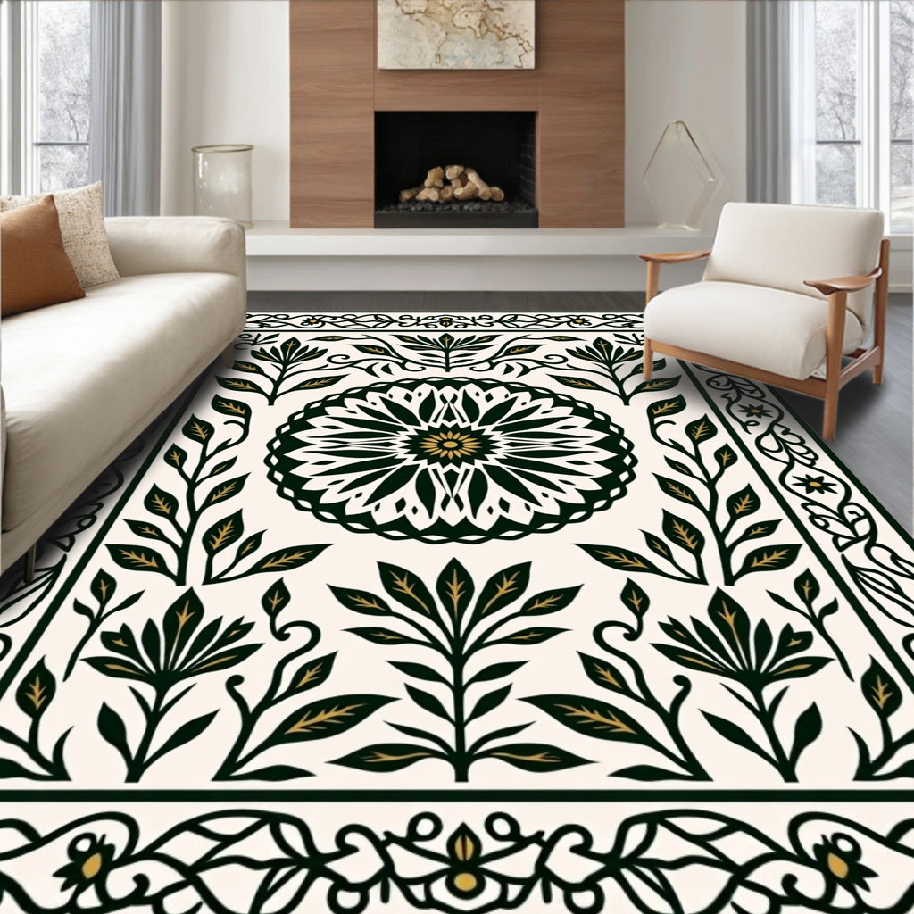 Dark Emerald Floral Medallion Frame Rug