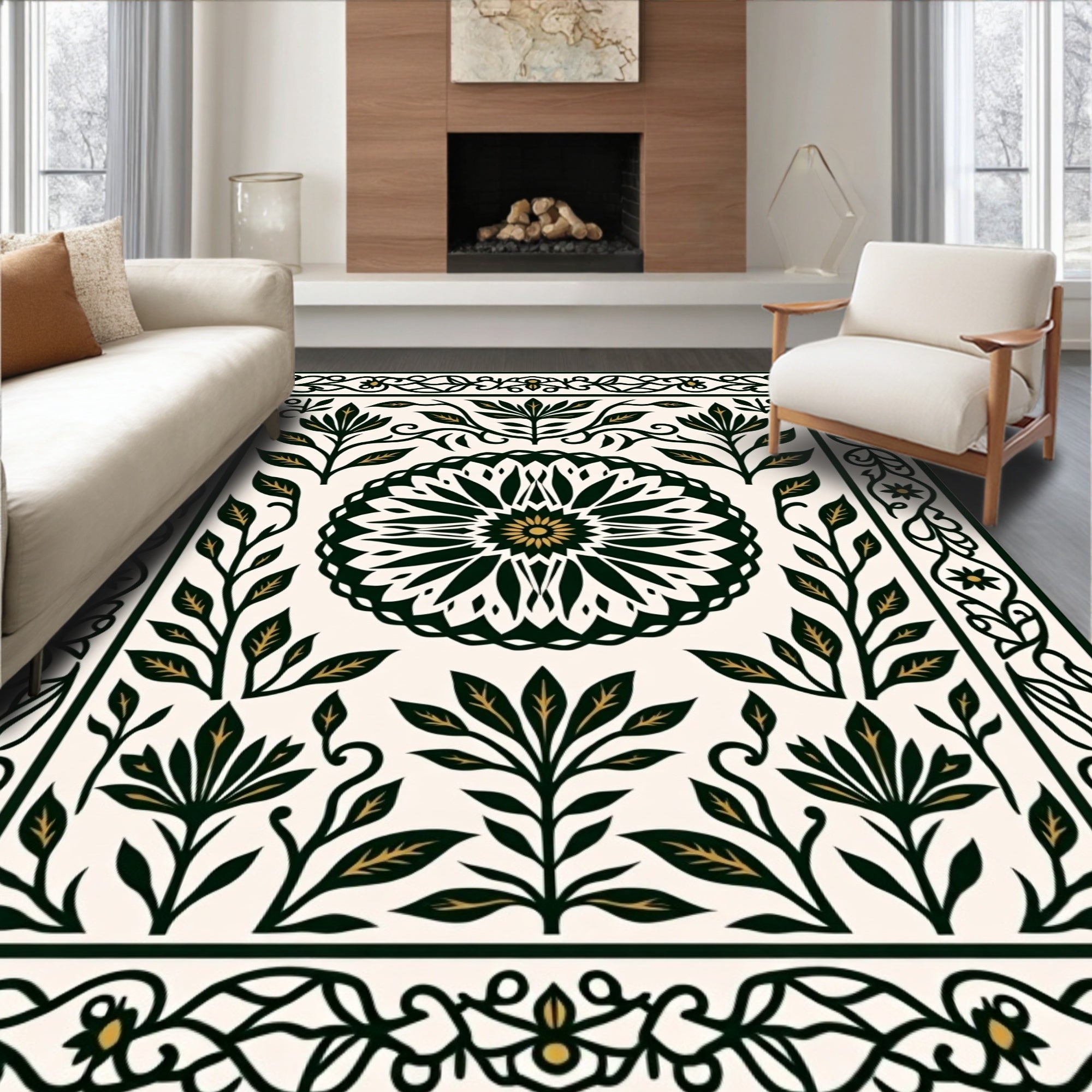 Dark Emerald Floral Medallion Frame Rug