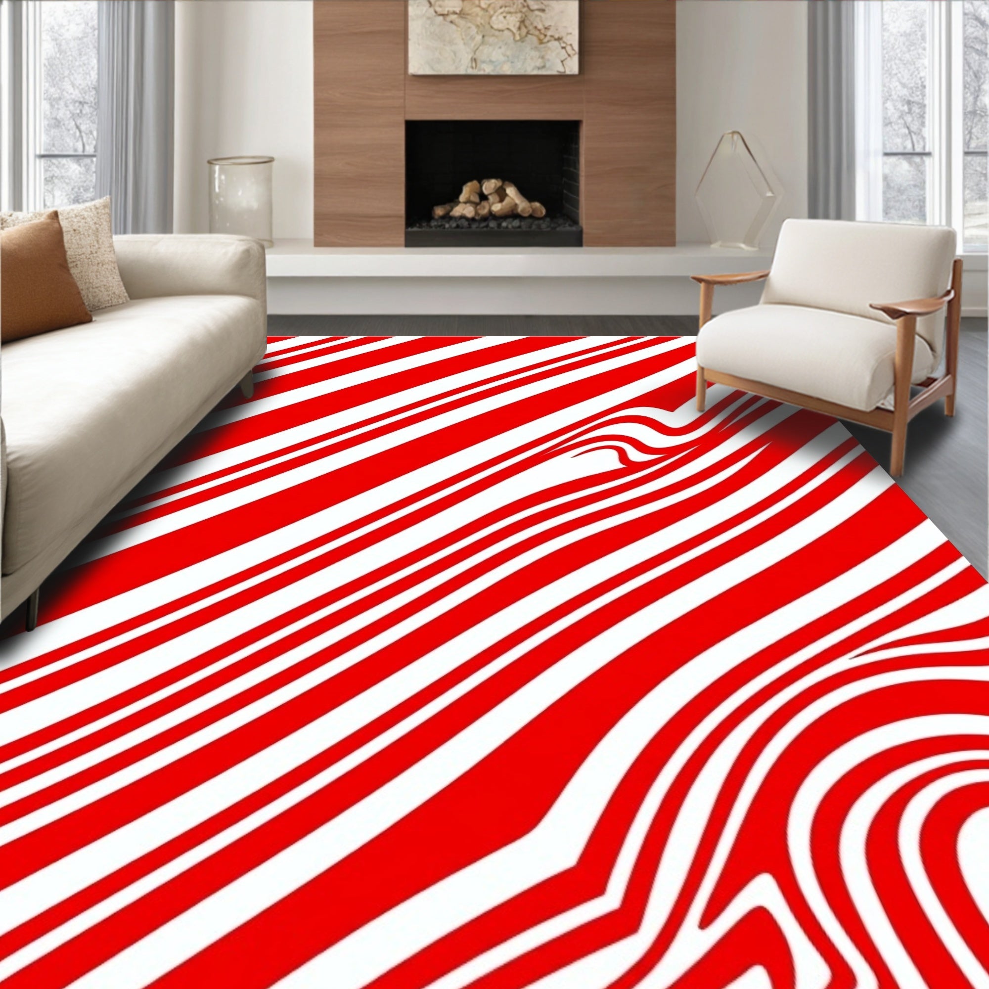 Wavy Red and White Diagonal Stripes Rug