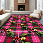 Festive Pink Green Plaid Holly Bell Rug