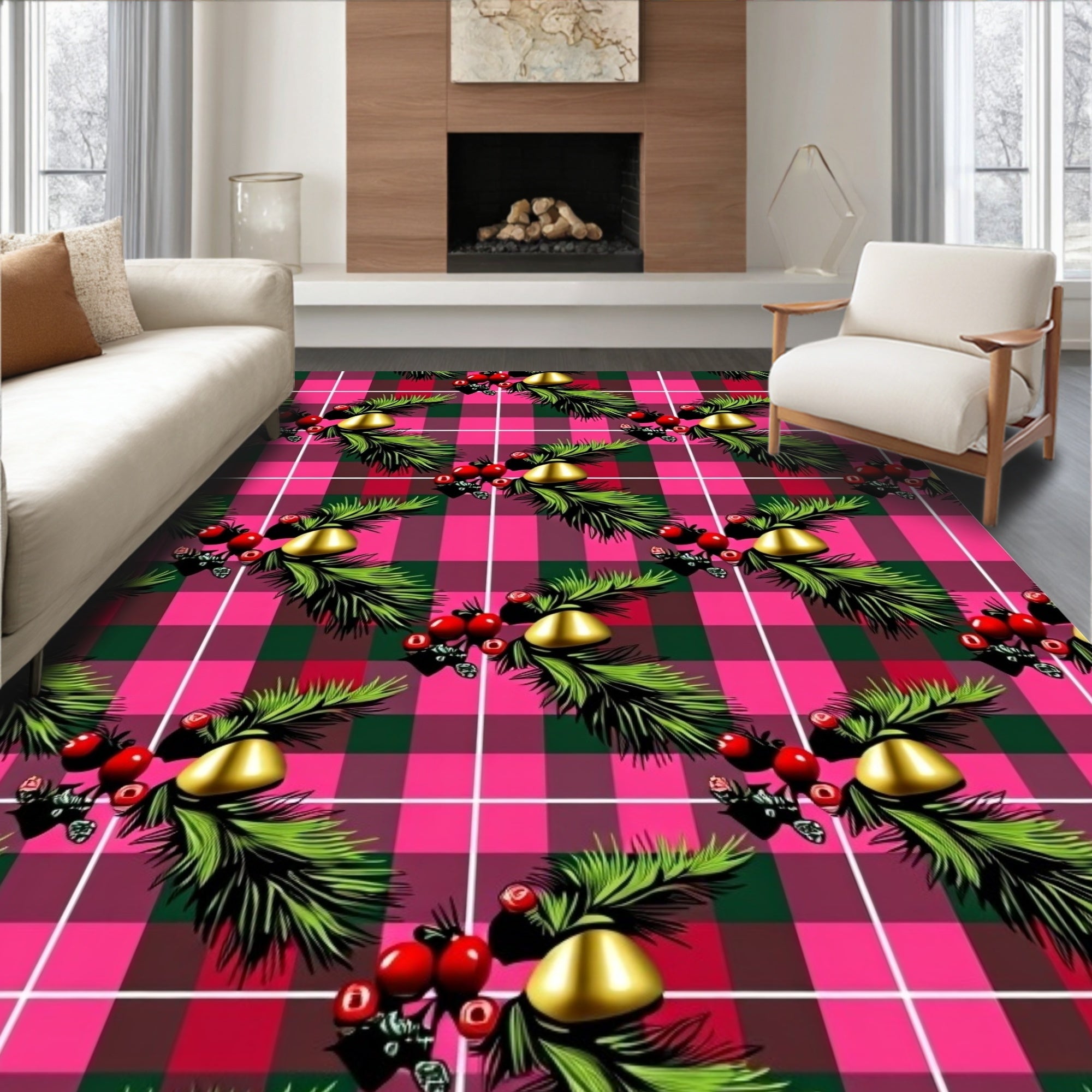Festive Pink Green Plaid Holly Bell Rug